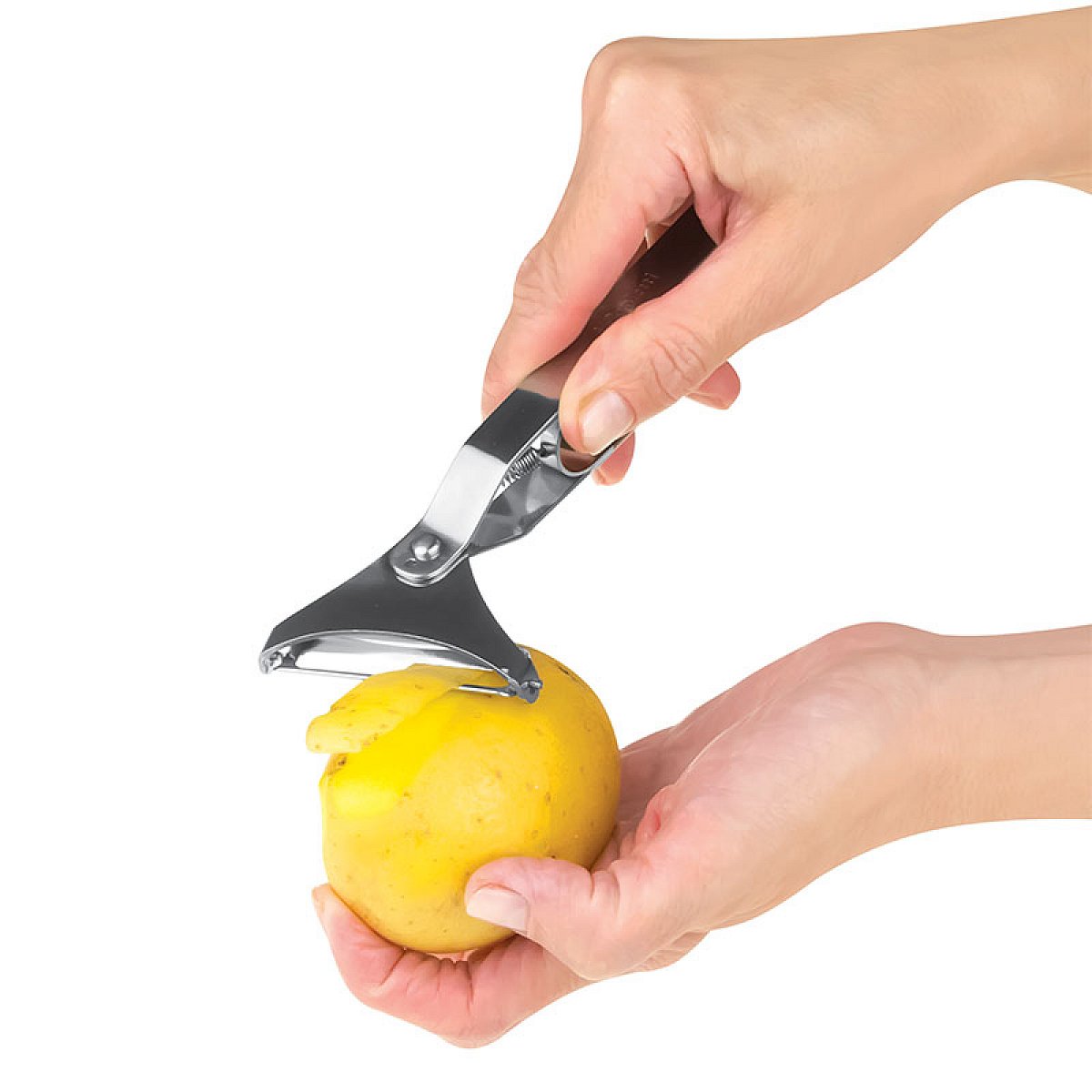 Peeler with patented, pivoting blade